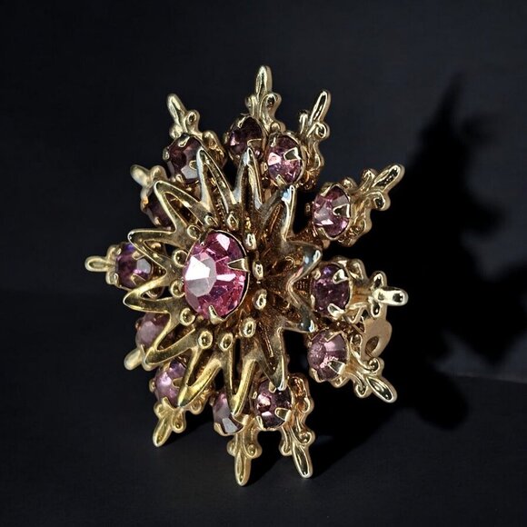 Vintage Gold Tone Pink Flower Snowflake Sun Brooch Pronged 3D Layered 1.25" - Picture 3 of 9